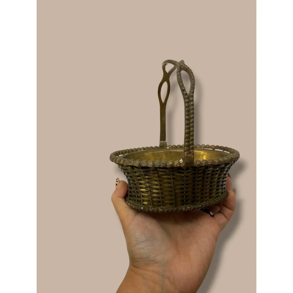Vintage Brass Basket Made in India Woven Oval Basket Handle Cottage Decor